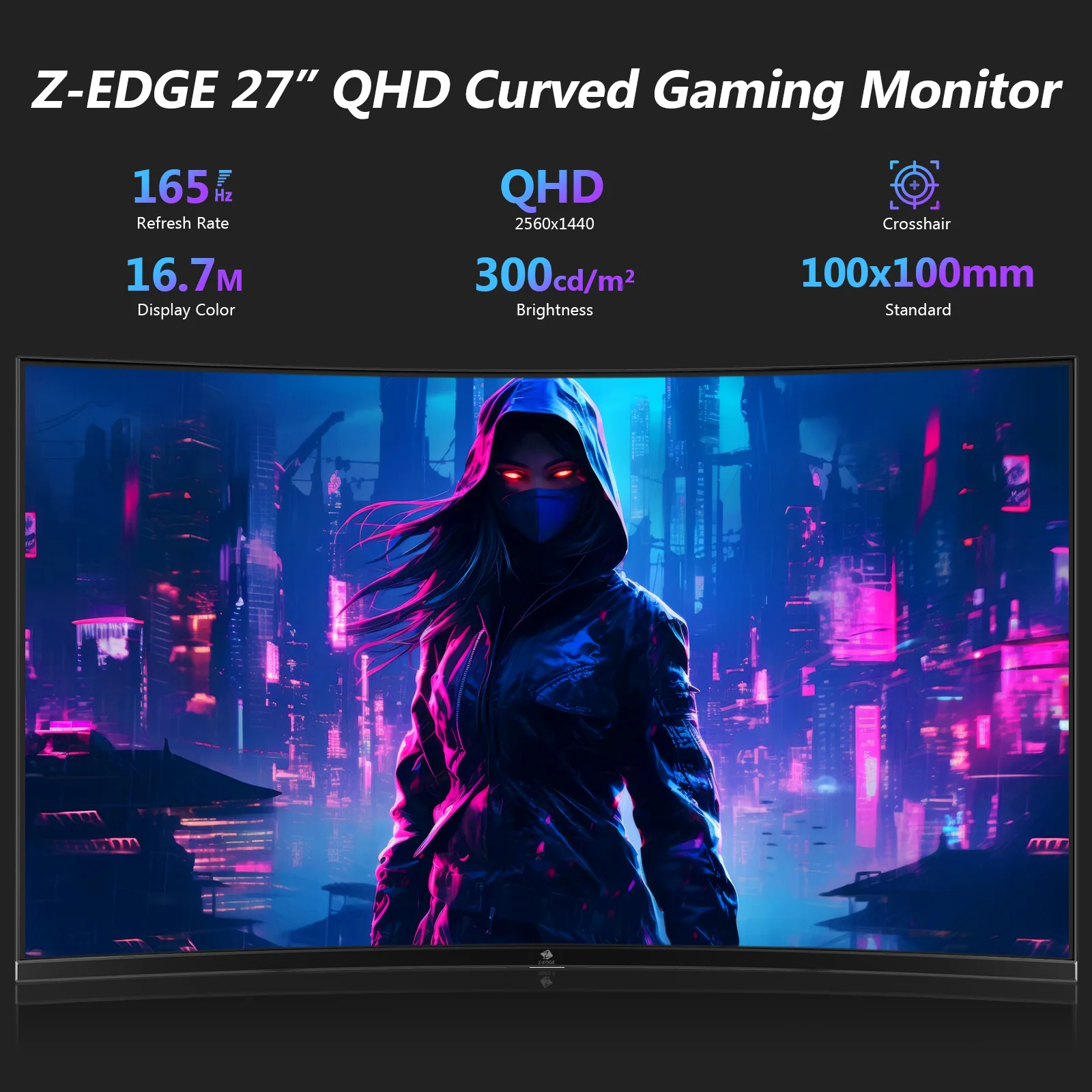Z-EDGE 27 Inch QHD Curved Gaming Monitor 165Hz(DP) 144Hz(HDMI) 1ms 2K Resolution 2560x1440 Frameless LED Gaming Monitor, HDMI DP, Support Wall Mount - Image 3