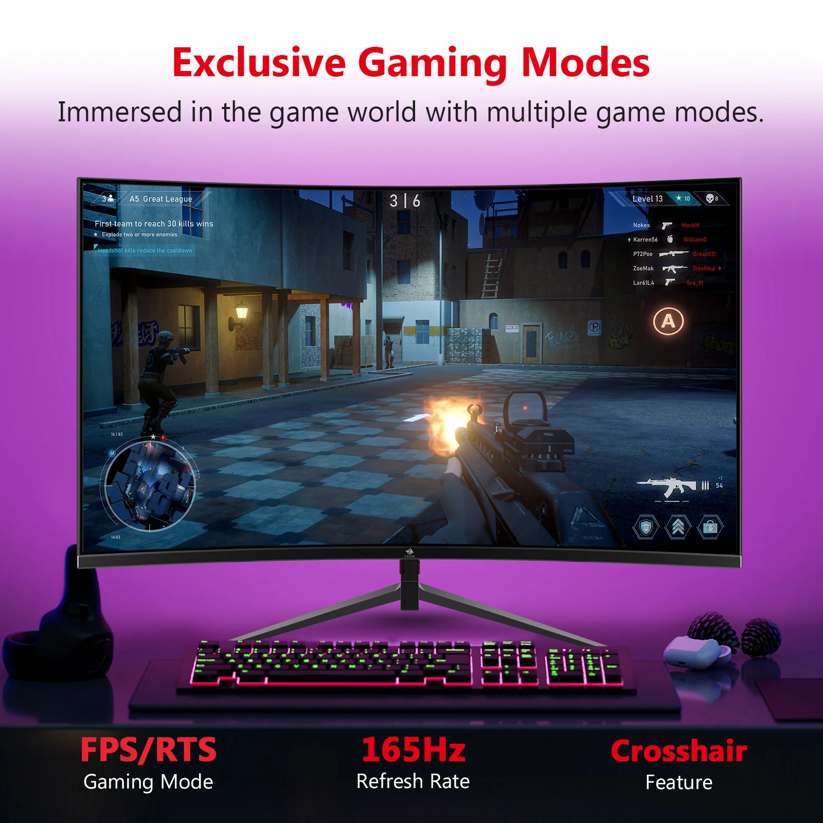 Z-EDGE 27 Inch QHD Curved Gaming Monitor 165Hz(DP) 144Hz(HDMI) 1ms 2K Resolution 2560x1440 Frameless LED Gaming Monitor, HDMI DP, Support Wall Mount - Image 7