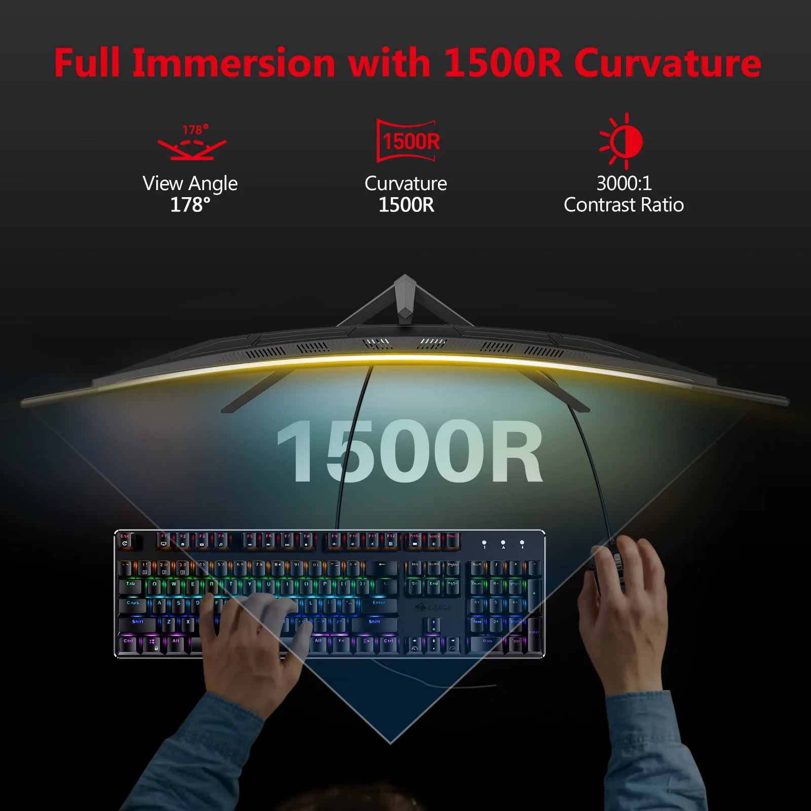 Z-EDGE 32 inch Curved Gaming Monitor, 16:9 QHD 2K 2560x1440 170/144Hz 1ms Frameless LED Gaming Monitor, DP HDMI - Image 4